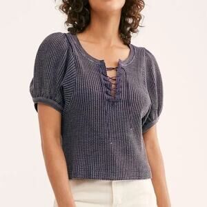 Free People One Hayden Thermal Waffle Knit Puff Sleeve Lace-Up Gray Top, Sz XS